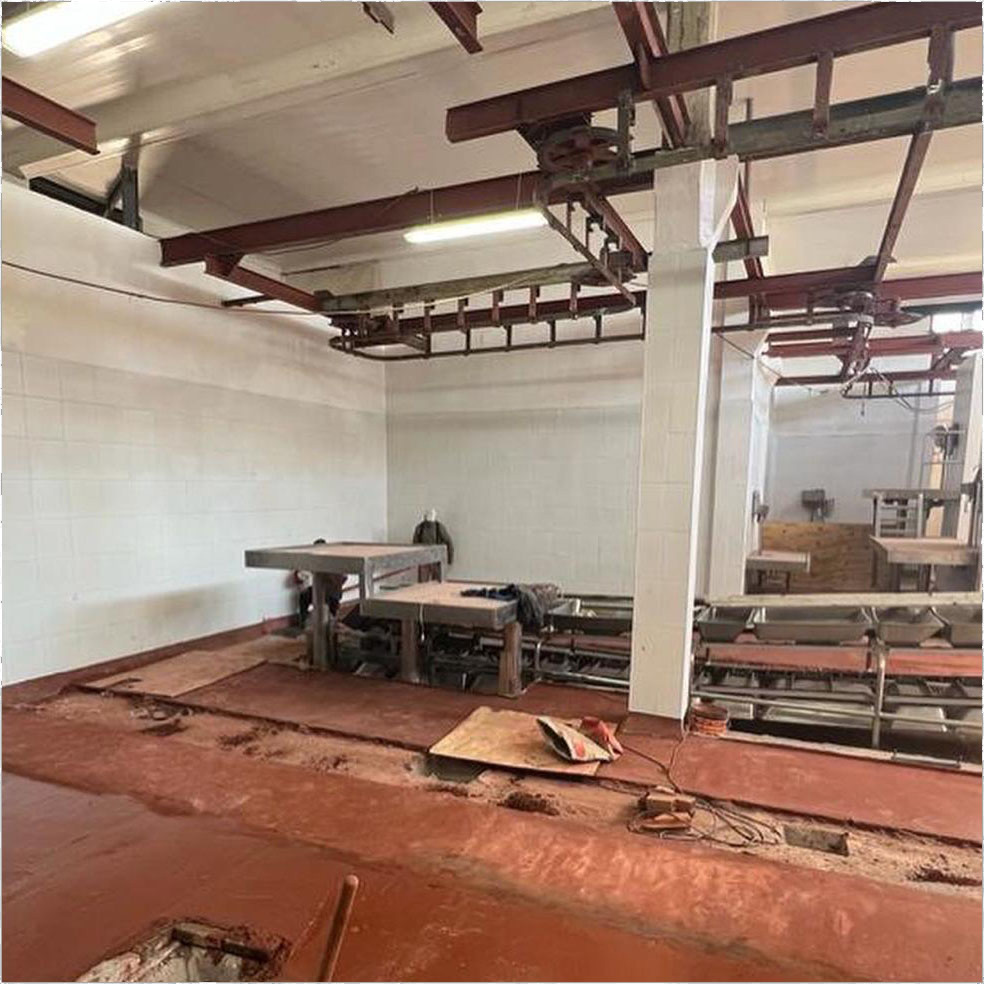 Pisos y desagües sanitarios en construcción de planta frigorífica — obra +BARQ